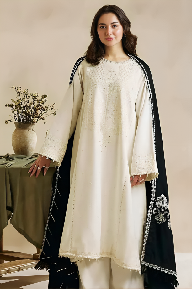 WOOL MAREENA 3PC EMBROIDERED DRESS EMBROIDERED SHAWL -ZSJ5037