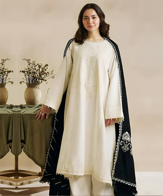 WOOL MAREENA 3PC EMBROIDERED DRESS EMBROIDERED SHAWL -ZSJ5037