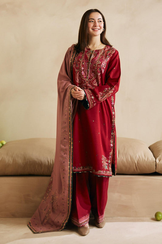FULLY EMBROIDERED 3PC DHANAK DRESS WITH PRINTED DHANAK SHAWL-ZSJ5025