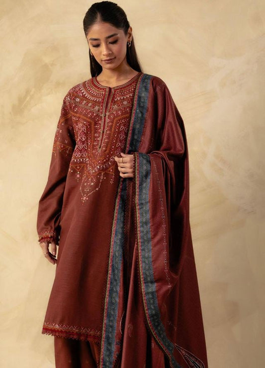 FULLY EMBROIDERED 3PC DHANAK DRESS WITH PRINTED DHANAK SHAWL-ZSJ559