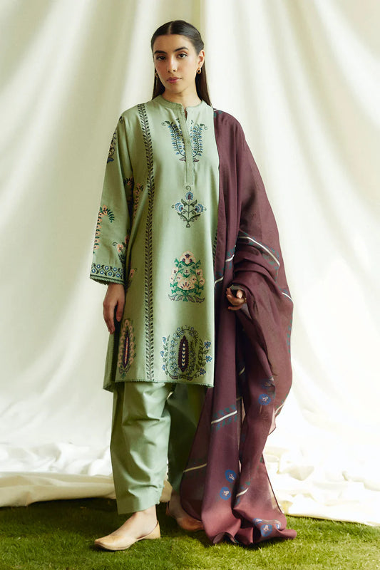 EMBROIDERED 3PC KHADDAR DRESS WITH PRINTED KHADDAR SHAWL-ZSJ5091