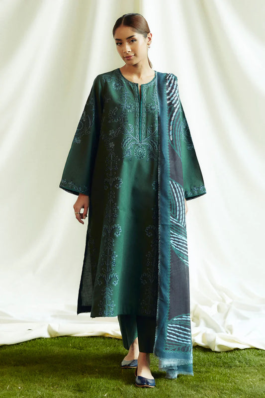 FULLY EMBROIDERED 3PC KHADDAR DRESS WITH PRINTED KHADDAR SHAWL-ZSJ5094