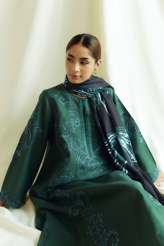 FULLY EMBROIDERED 3PC KHADDAR DRESS WITH PRINTED KHADDAR SHAWL-ZSJ5094