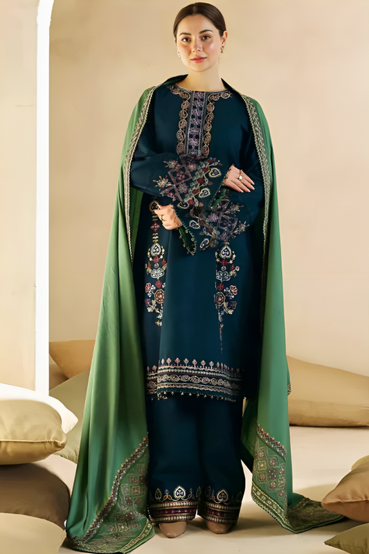 FULLY EMBROIDERED 3PC DHANAK DRESS WITH EMBROIDERED DHANAK SHAWL-ZSJ535