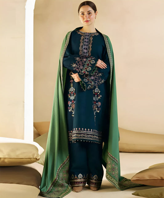 FULLY EMBROIDERED 3PC DHANAK DRESS WITH EMBROIDERED DHANAK SHAWL-ZSJ535